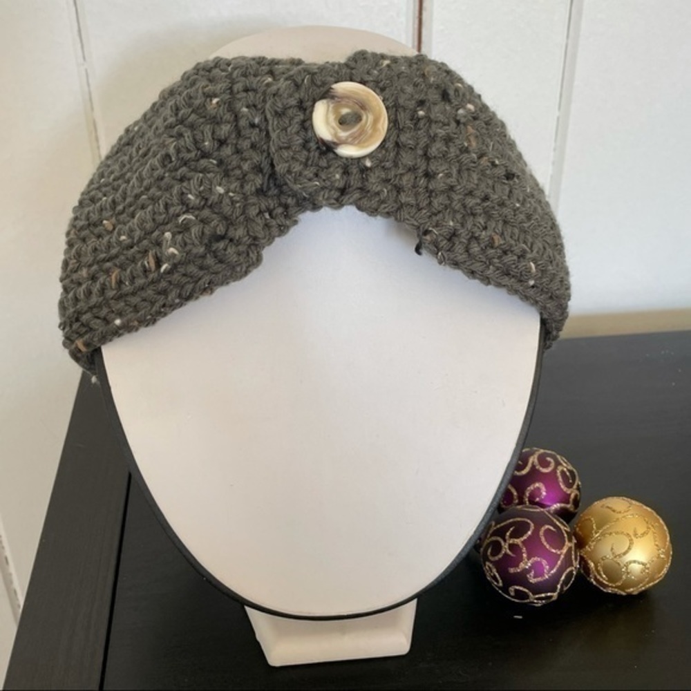 2/$49 Handmade Crochet Ear Warmer Headband Charcoal Green Button Camo 24” Winter